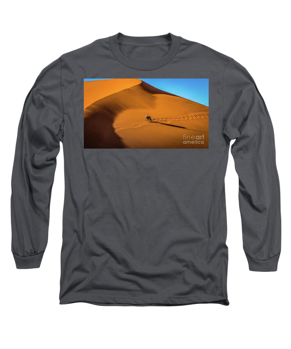 Dune Long Sleeve T-Shirt featuring the photograph Oryx crossing big daddy dune, Sossusvlei, Namibia by Lyl Dil Creations