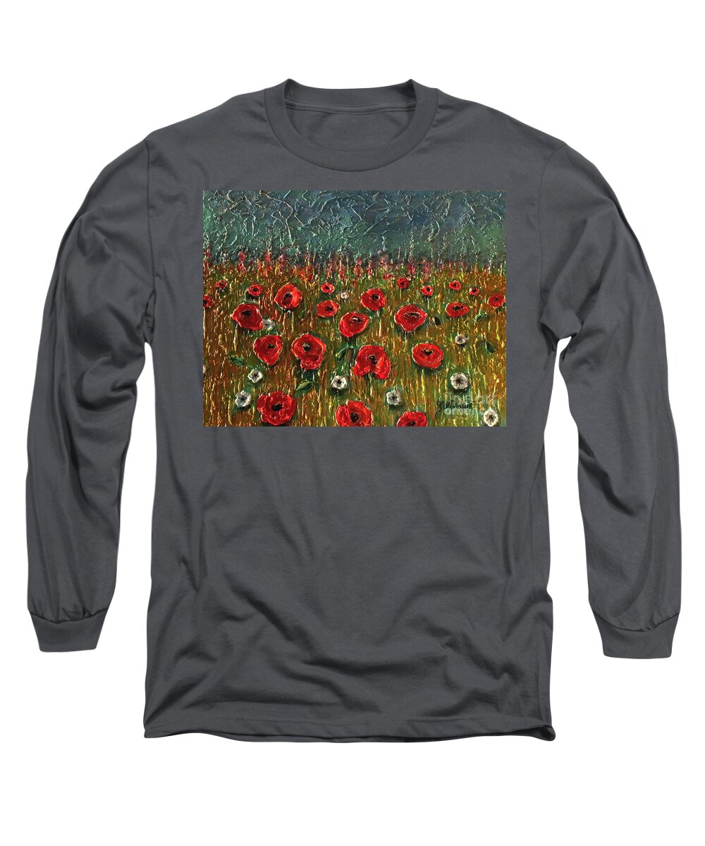 Pappyes Long Sleeve T-Shirt featuring the painting Poppy field by Maria Karlosak