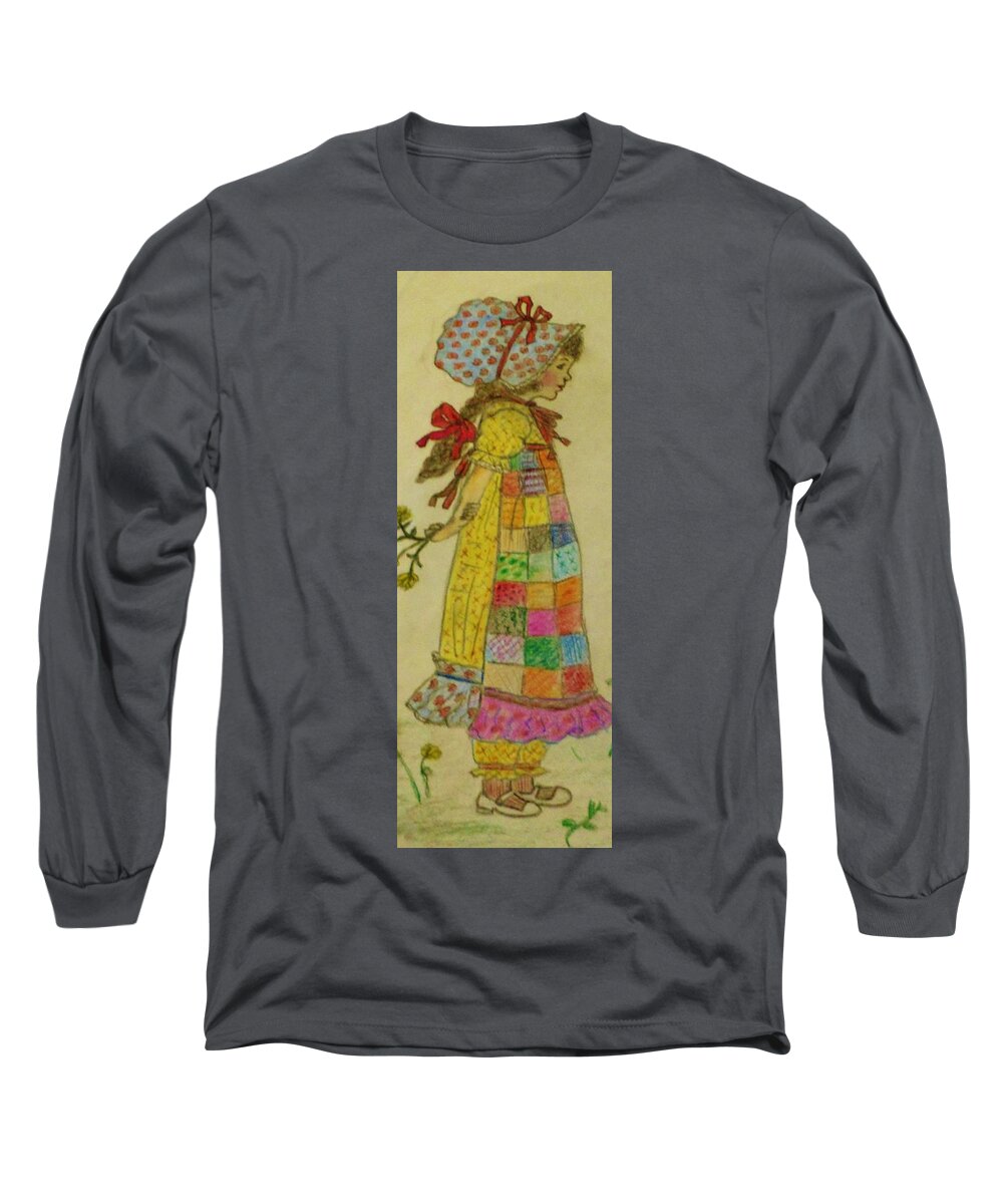 Wall Art Long Sleeve T-Shirt featuring the drawing Patchwork Girl with Flowers by Christy Saunders Church