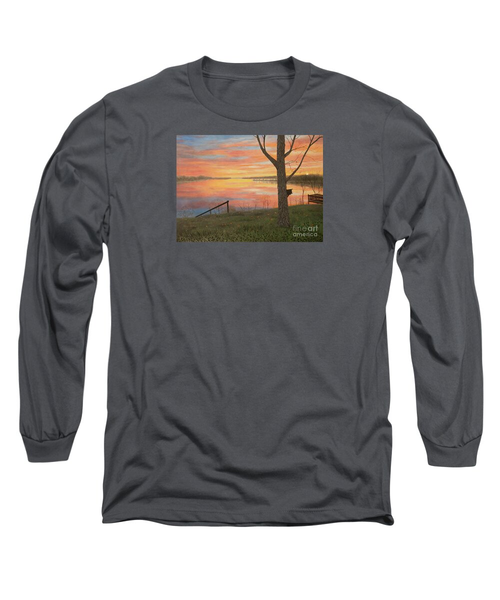 Autumn Sunset Lake Long Sleeve T-Shirt featuring the painting Peaceful Lakeside Sundown by Nancy Lee Moran