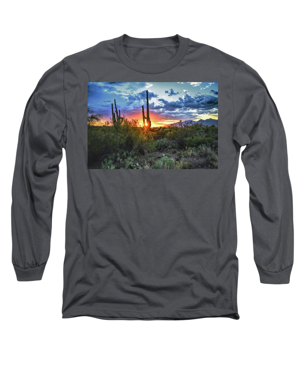 Saguaro Cactus Long Sleeve T-Shirt featuring the photograph Tucson, Arizona Saguaro Sunset by Chance Kafka