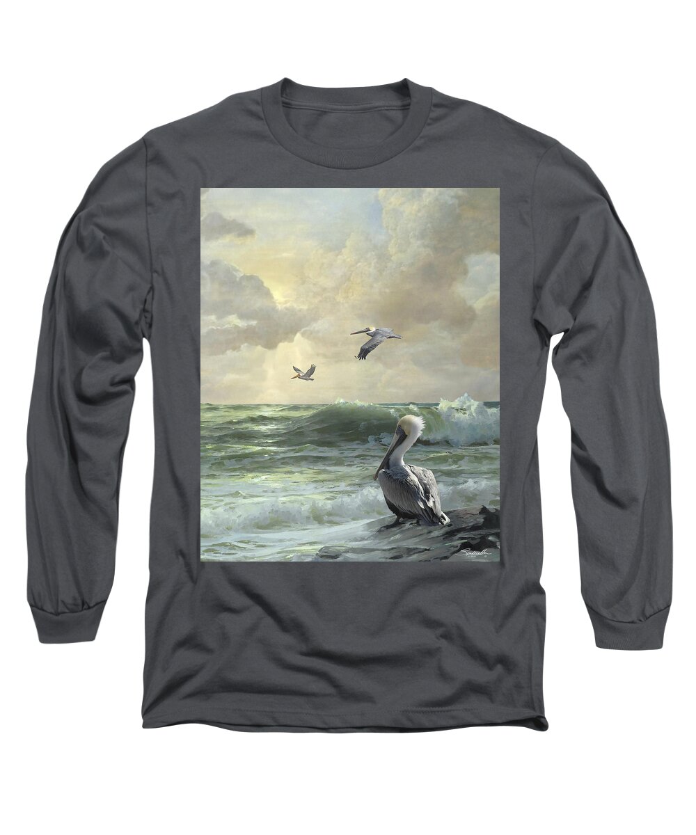 Florida Long Sleeve T-Shirt featuring the digital art Pelicans in the Surf by M Spadecaller