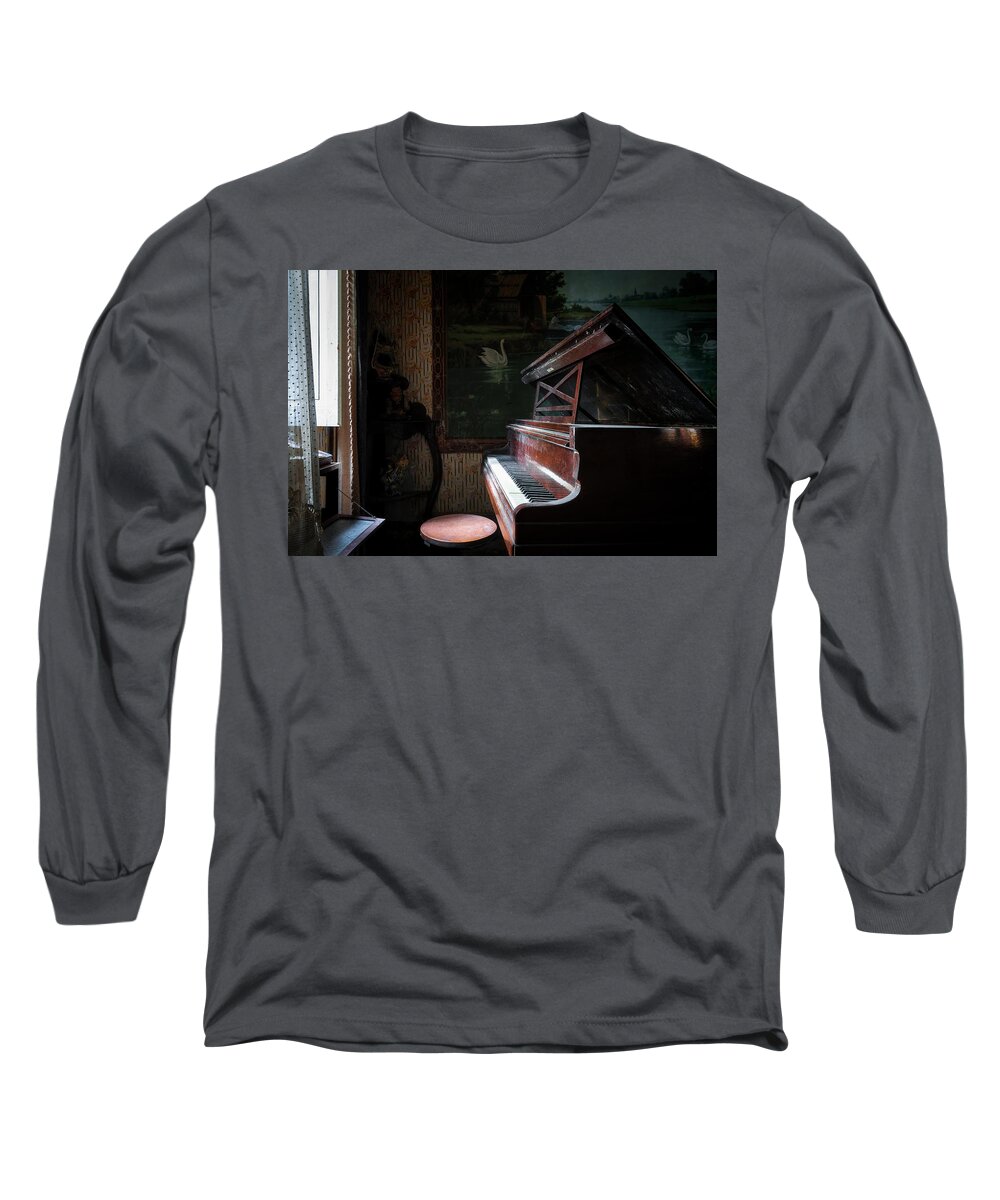 Urban Long Sleeve T-Shirt featuring the photograph Piano in the Dark by Roman Robroek