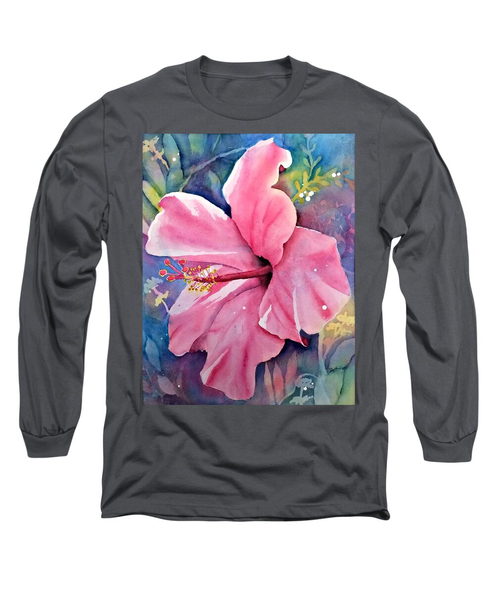 Hibiscus Long Sleeve T-Shirt featuring the painting Pink Hibiscus by Beth Fontenot