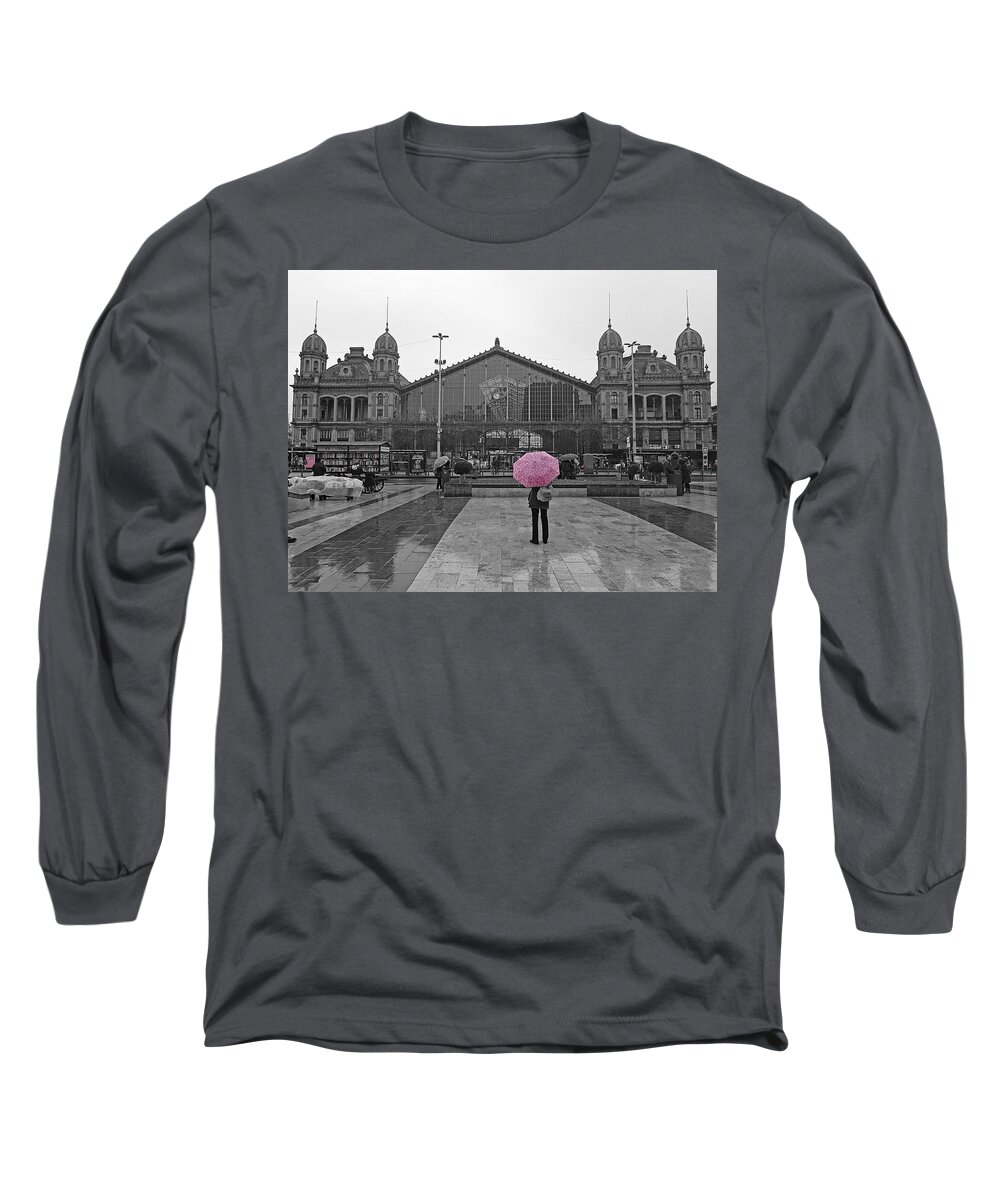 Color Splash Long Sleeve T-Shirt featuring the photograph Pink Umbrella Budapest by Tito Slack