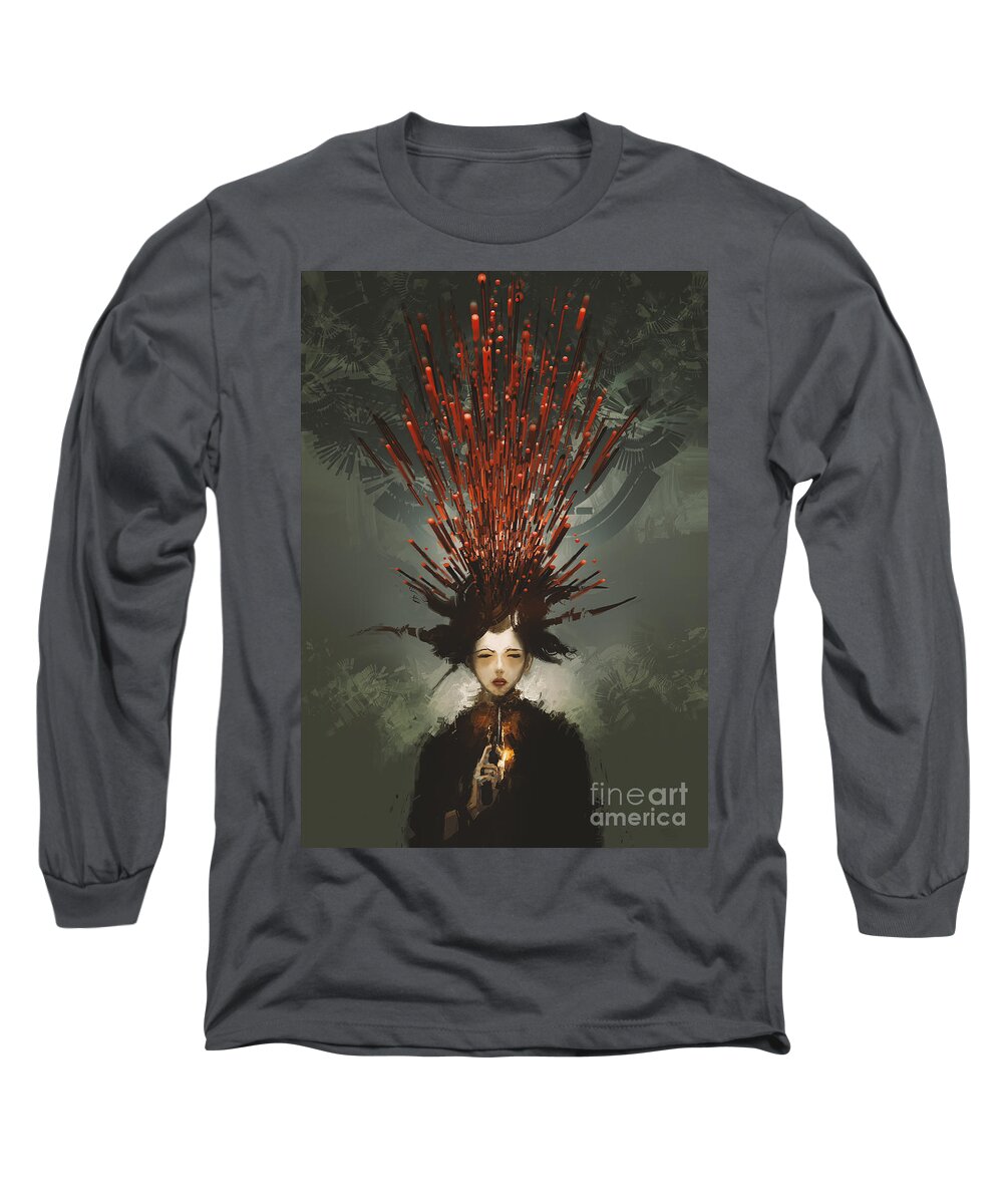 Acrylic Long Sleeve T-Shirt featuring the painting Prey with a gun by Tithi Luadthong