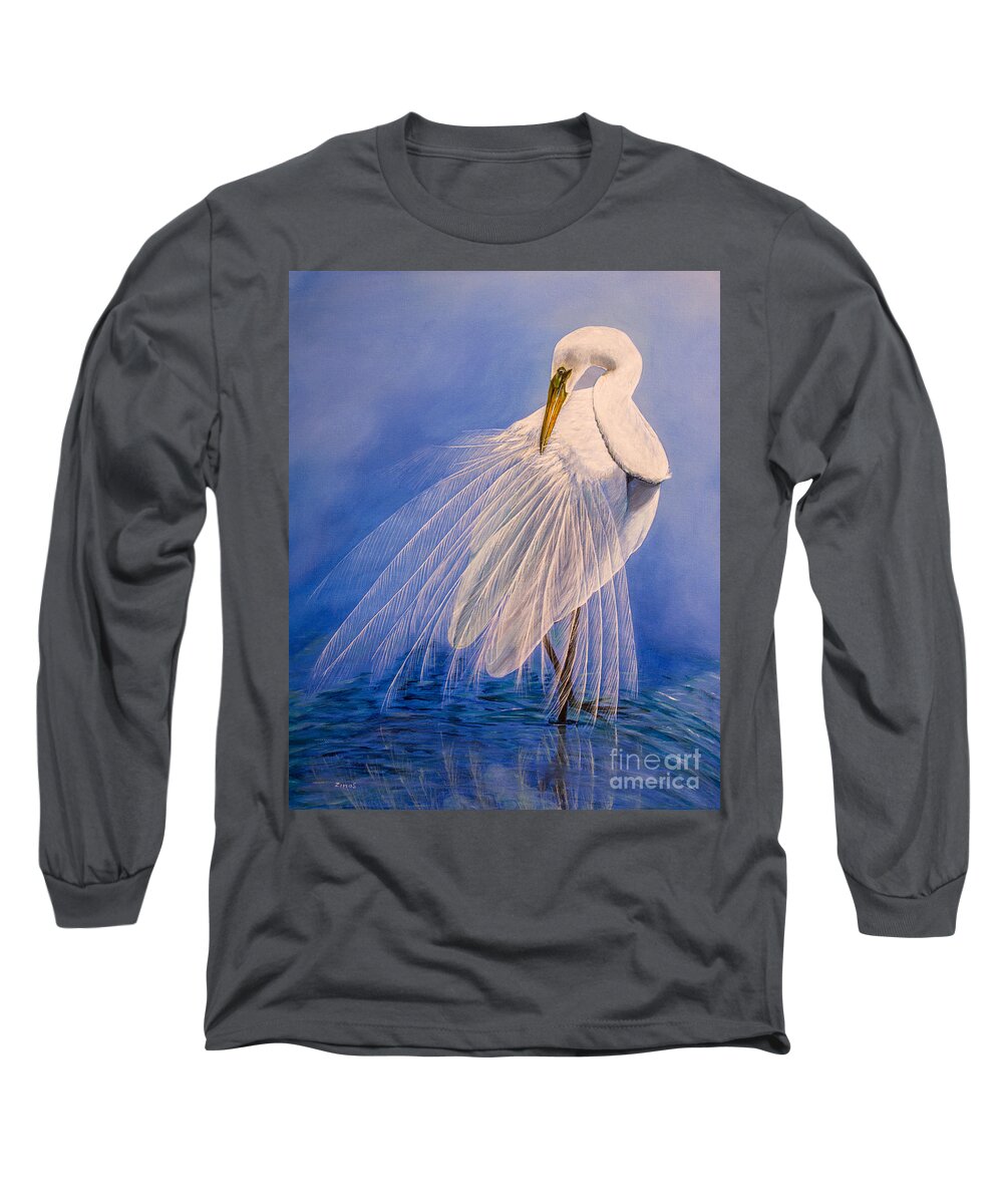 Egret Long Sleeve T-Shirt featuring the painting Princess of the mist by Zina Stromberg