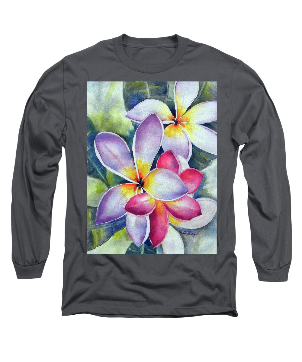 Rainbow Plumeria Long Sleeve T-Shirt featuring the painting Rainbow Plumerias by Hilda Vandergriff
