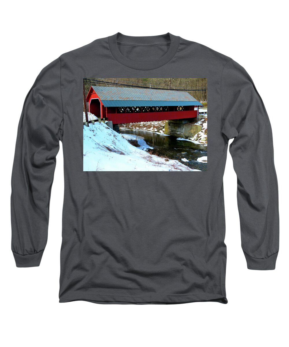 Covered Bridge Long Sleeve T-Shirt featuring the photograph Red Covered Bridge in Vermont by Linda Stern
