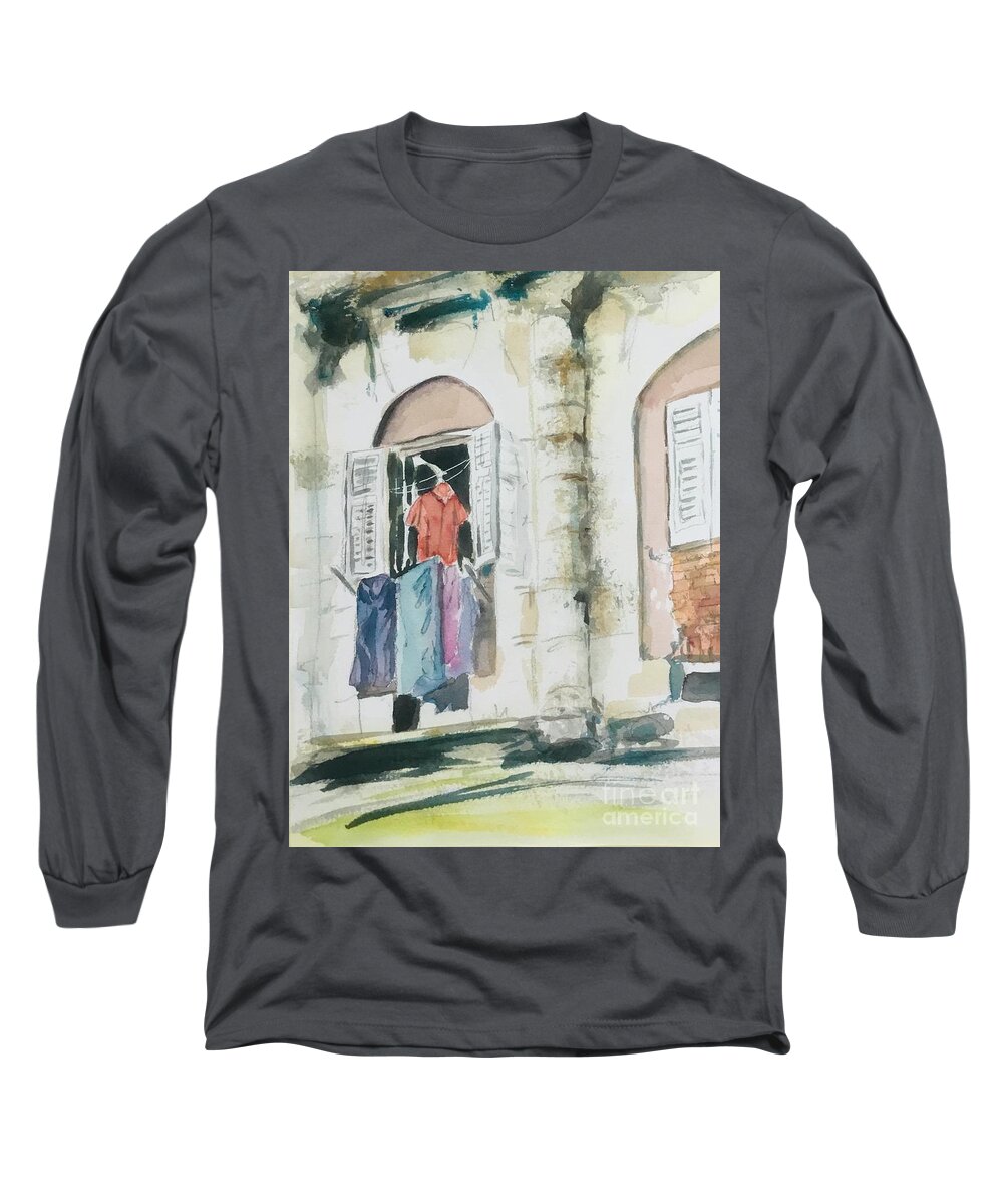 Laundry Long Sleeve T-Shirt featuring the painting Red shirt on the Laundry line by Sonia Mocnik