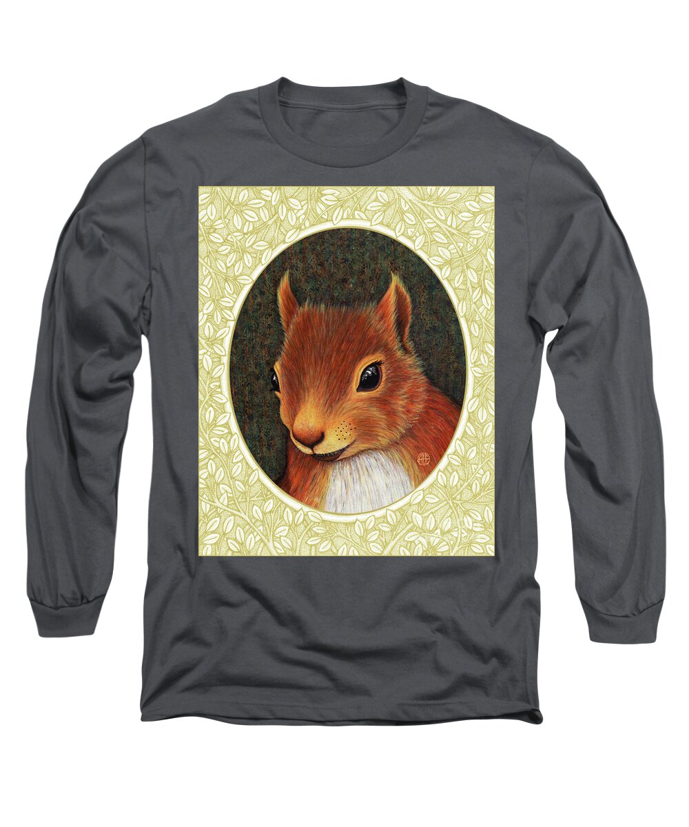Animal Portrait Long Sleeve T-Shirt featuring the painting Red Squirrel Portrait - Cream Border by Amy E Fraser