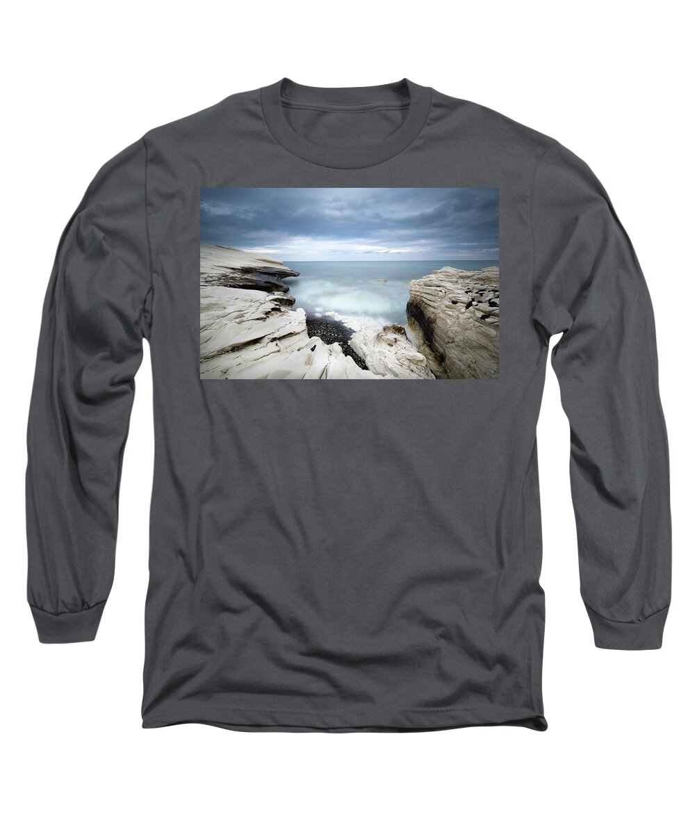 Seascape Long Sleeve T-Shirt featuring the photograph Rocky coast with white limestones and cloudy sky by Michalakis Ppalis