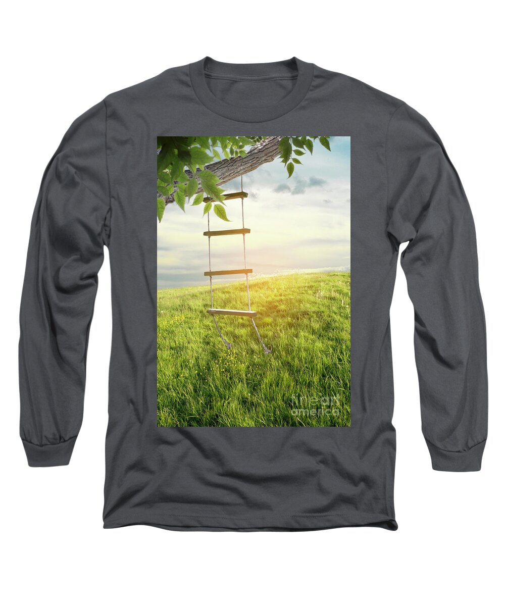 Ladder Long Sleeve T-Shirt featuring the photograph Rope Ladder Swing Hanging From An Old Tree Branch by Ethiriel Photography