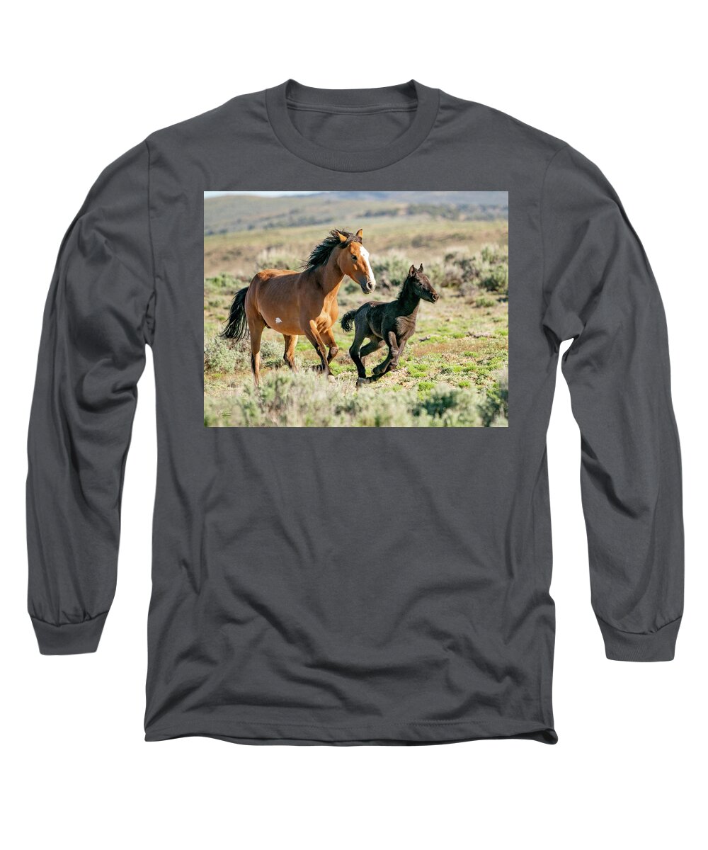 Wild Mustangs Long Sleeve T-Shirt featuring the photograph Running Wild Mustangs - Mom and Baby by Judi Dressler