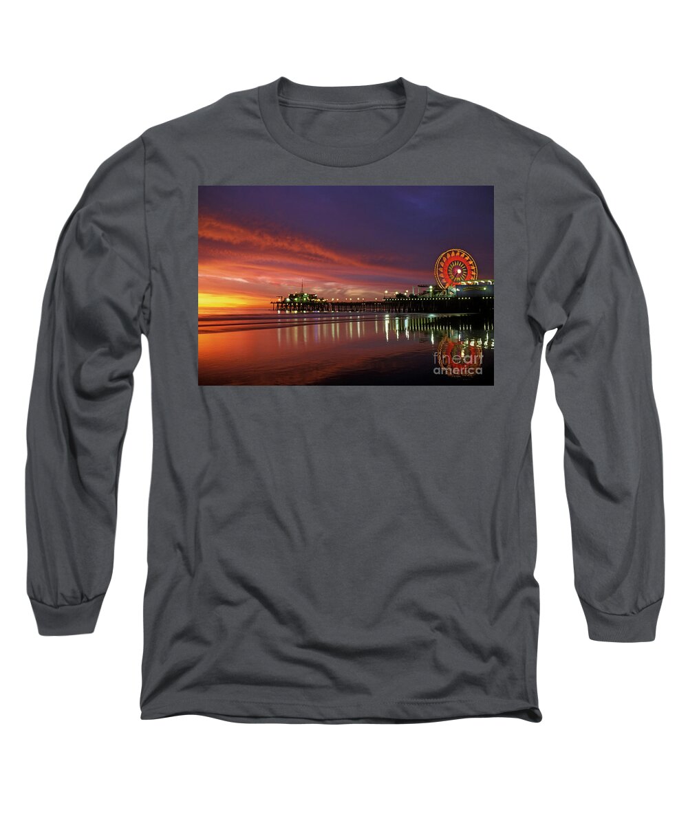 Santa Monica Ca Pacific Park Pier Long Sleeve T-Shirt featuring the photograph Santa Monica Pier Lit at Night by David Zanzinger
