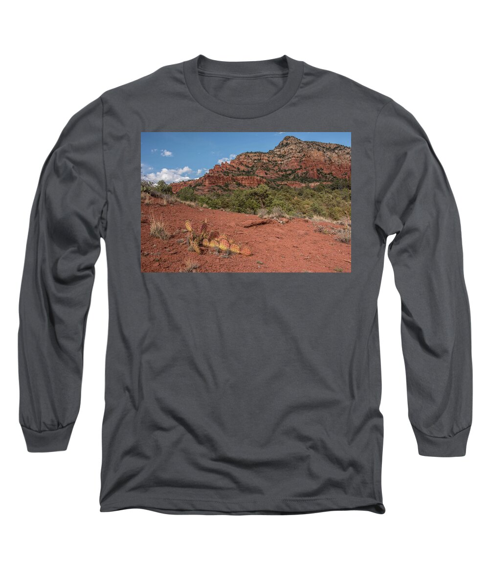 Sedona Long Sleeve T-Shirt featuring the photograph Sedona red rock and cacti by Alan Goldberg
