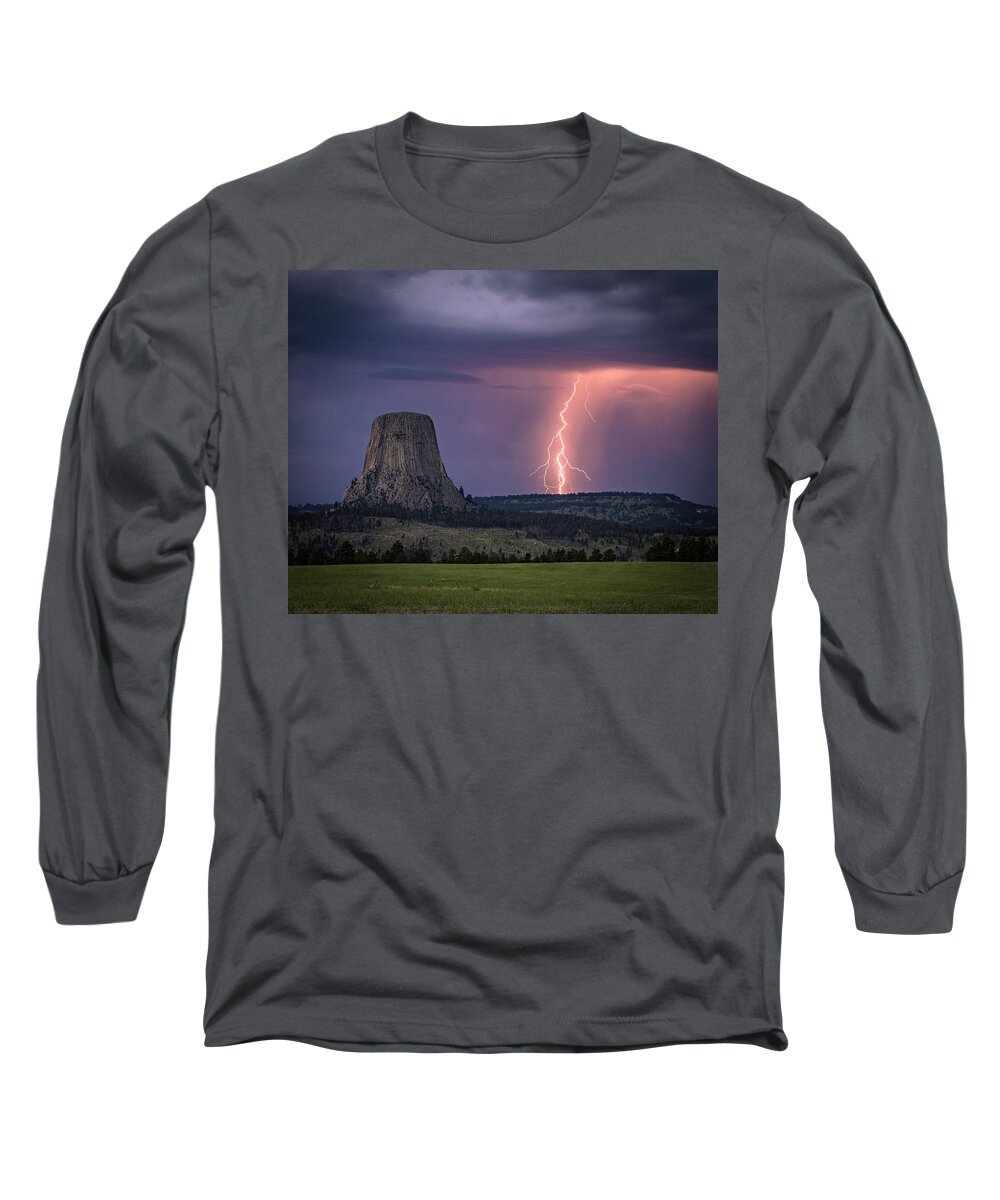 Devils Tower Long Sleeve T-Shirt featuring the photograph Showers and LIghtning by Laura Hedien