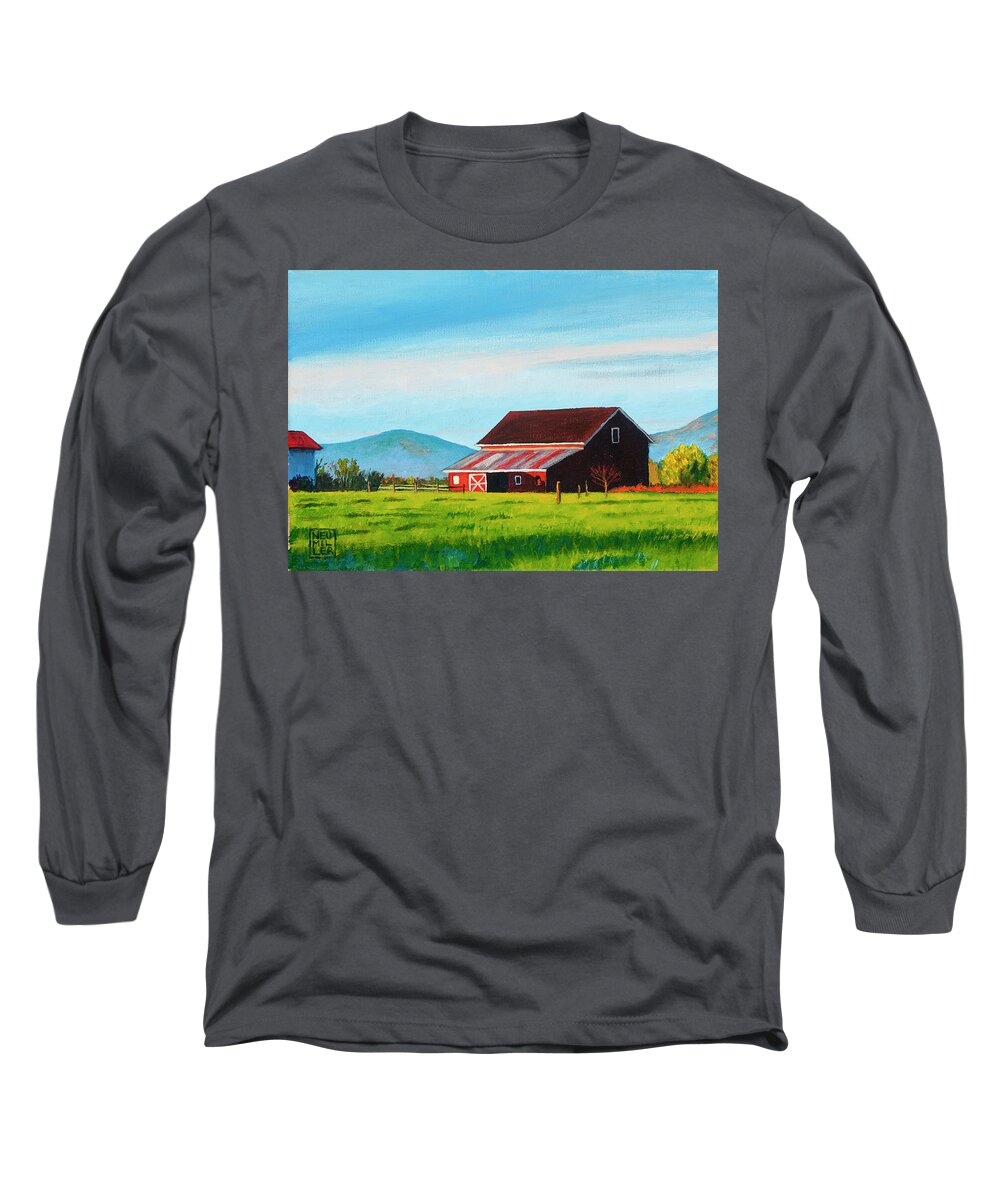 Landscape Long Sleeve T-Shirt featuring the painting Skagit Valley Barn by Stacey Neumiller