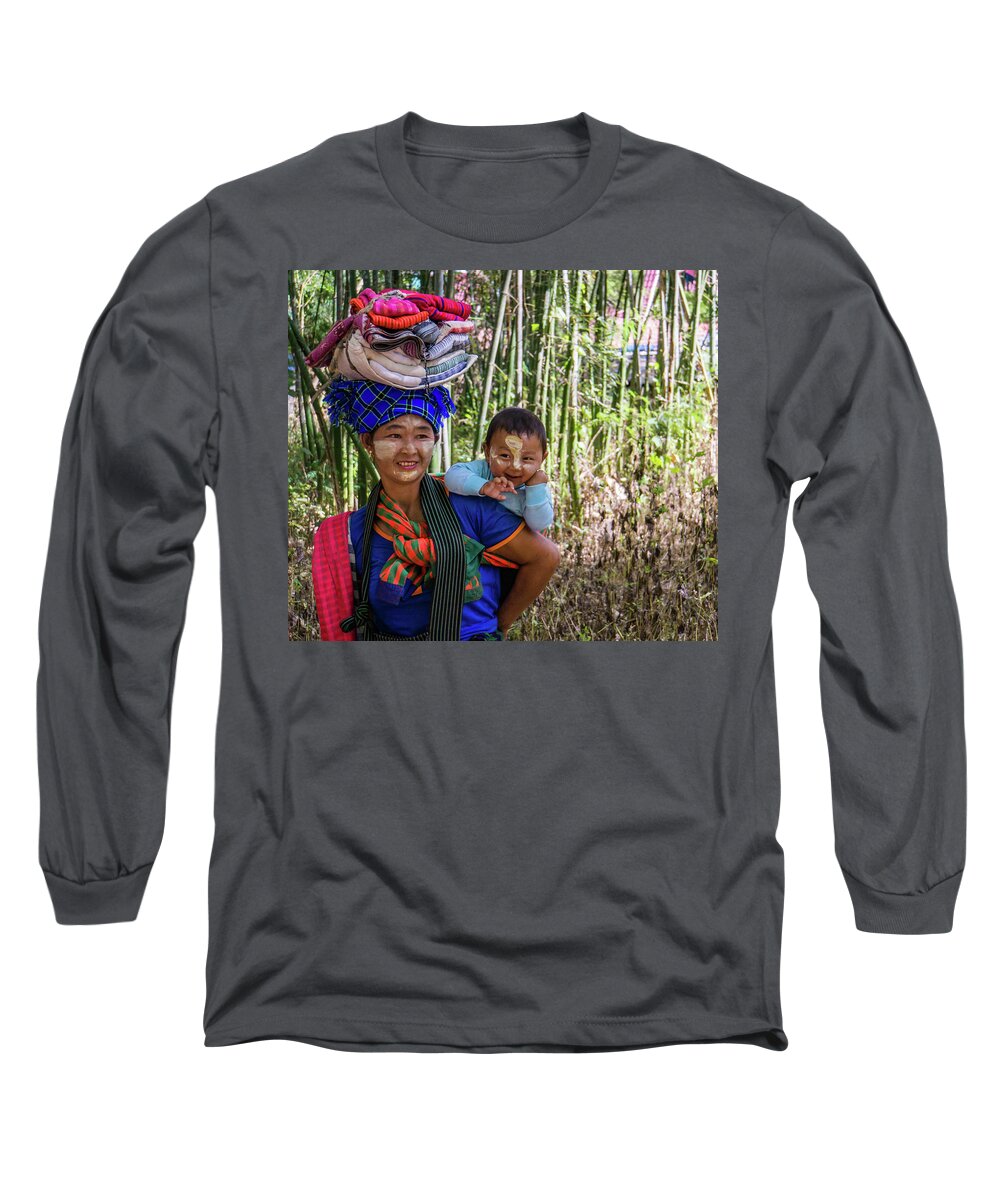 Woman Long Sleeve T-Shirt featuring the photograph smiling Burmese mother with her laughing baby by Ann Moore