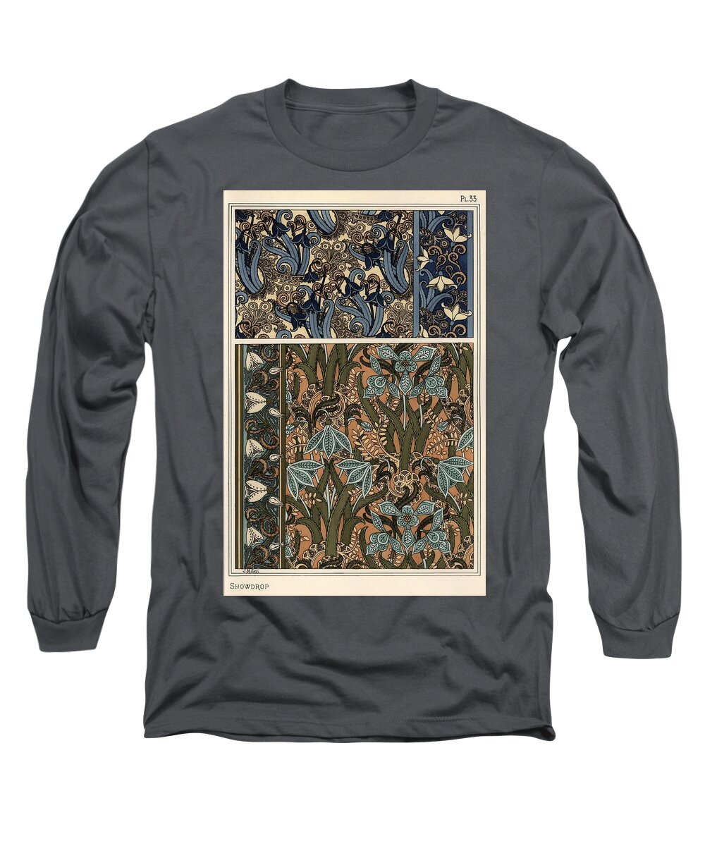 1841-1917 Long Sleeve T-Shirt featuring the drawing Snowdrop, Galanthus nivalis, as design motif in wallpaper, borders and fabrics. by Album