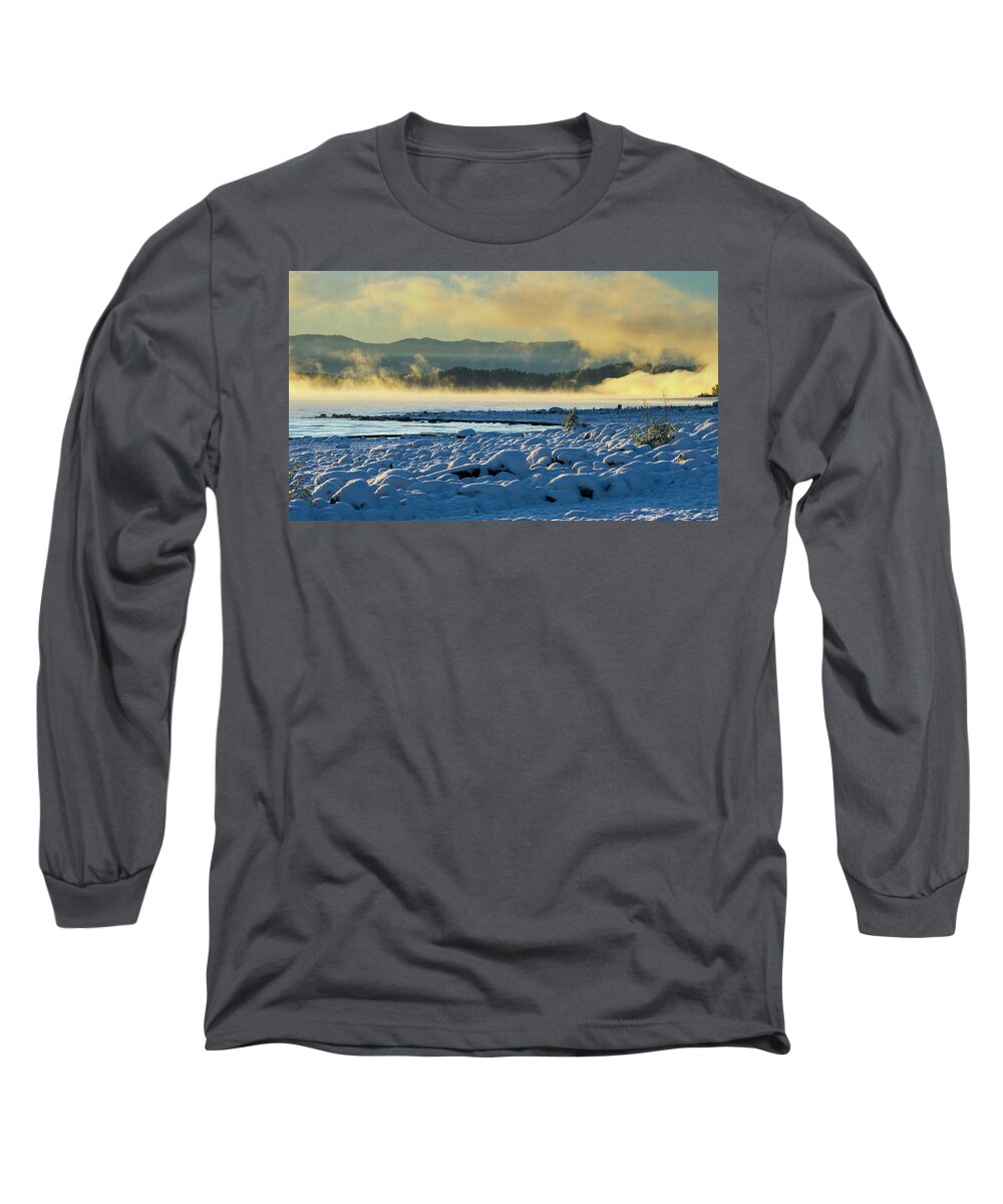 Snow Long Sleeve T-Shirt featuring the photograph Snowy Shoreline Sunrise by Tom Gresham