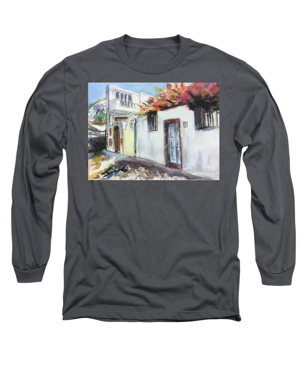 White Wash Long Sleeve T-Shirt featuring the painting Somewhere in Santorini I by Sonia Mocnik