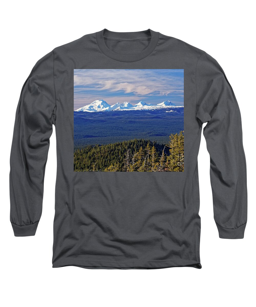 Central Oregon Cascade Mountains Long Sleeve T-Shirt featuring the photograph South Middle North Sisters and Broken Top Mts in distant snowy Cascade Mountains Oregon USA by Robert C Paulson Jr