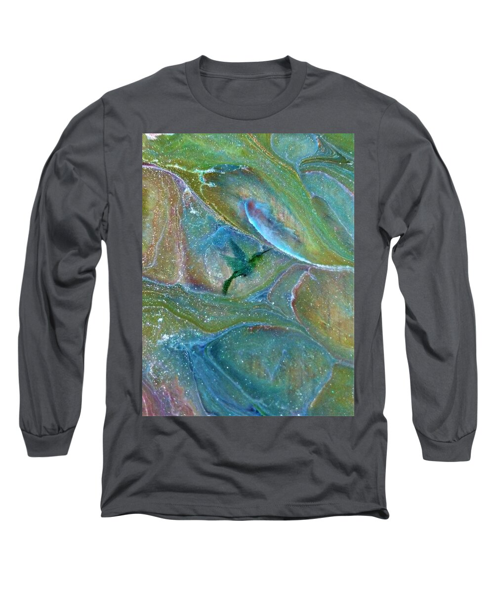 Hummingbird Long Sleeve T-Shirt featuring the mixed media Sparkling Hummingbird by Mary Poliquin - Policain Creations