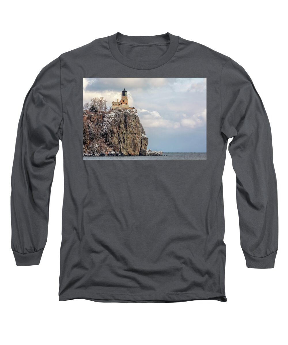 Lighthouse Long Sleeve T-Shirt featuring the photograph Split Rock Lighthouse Lightly Flocked by Susan Rissi Tregoning