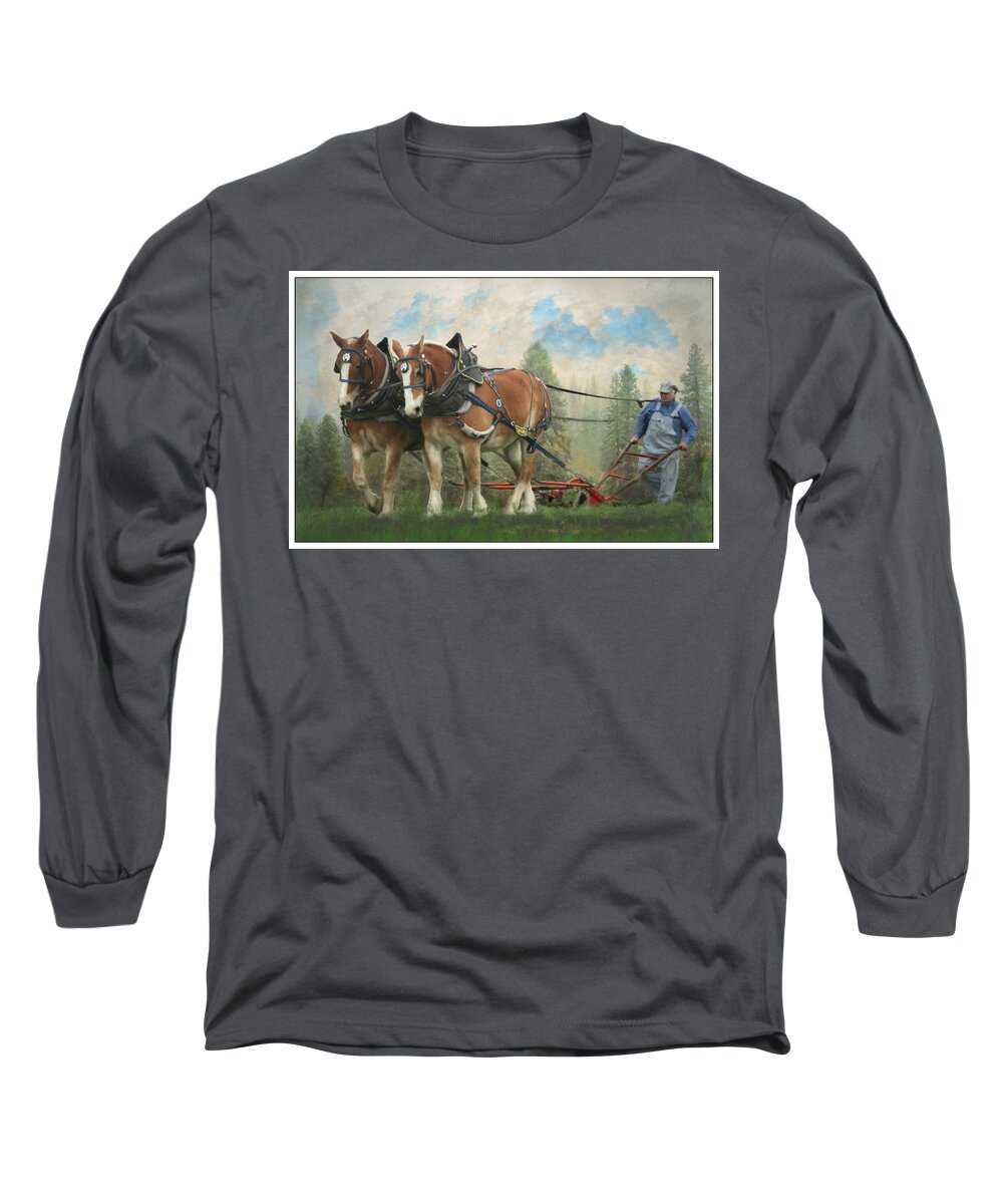 Plowing Farm Work Horses Draft Horse Belgian Farming Long Sleeve T-Shirt featuring the digital art Spring Plowing by Posey Clements