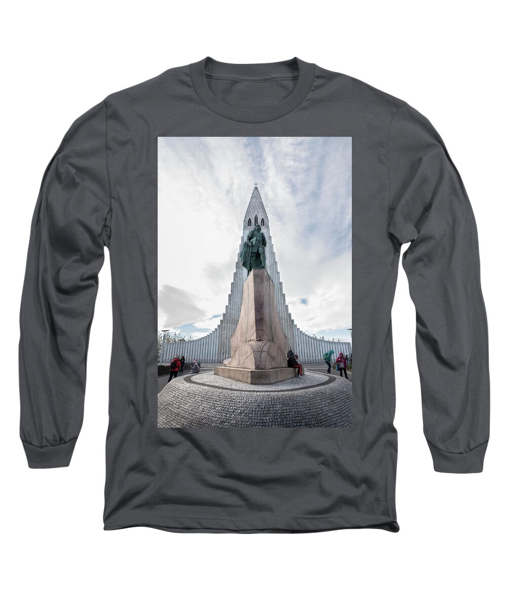 Iceland Long Sleeve T-Shirt featuring the photograph Statue of explorer Leif Erikson and Hallgrimskirkja in Reykjavik by RicardMN Photography