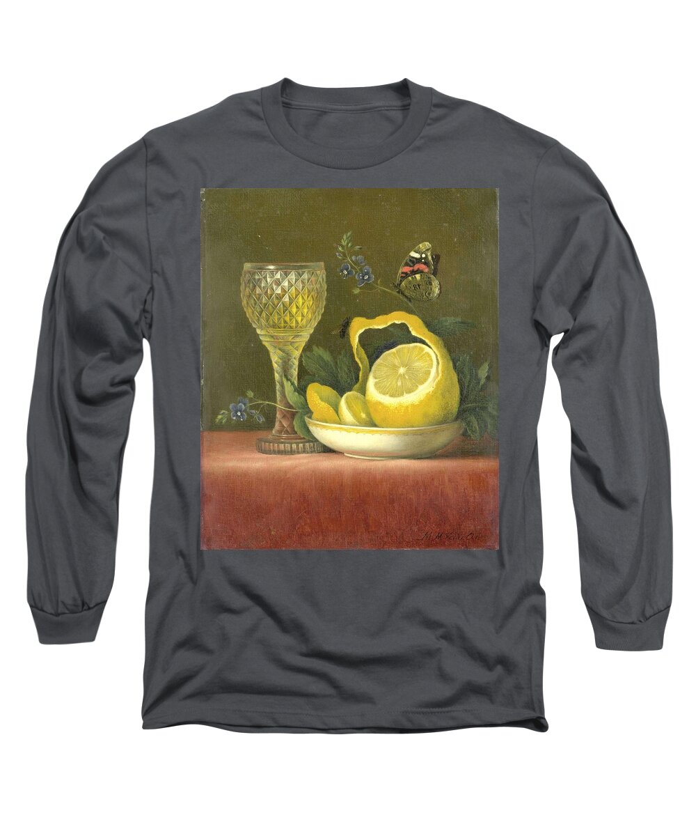 Maria Margaretha Van Os Long Sleeve T-Shirt featuring the painting Still Life with Lemon and Cut Glass. by Maria Margaretha van Os -1779-1862-