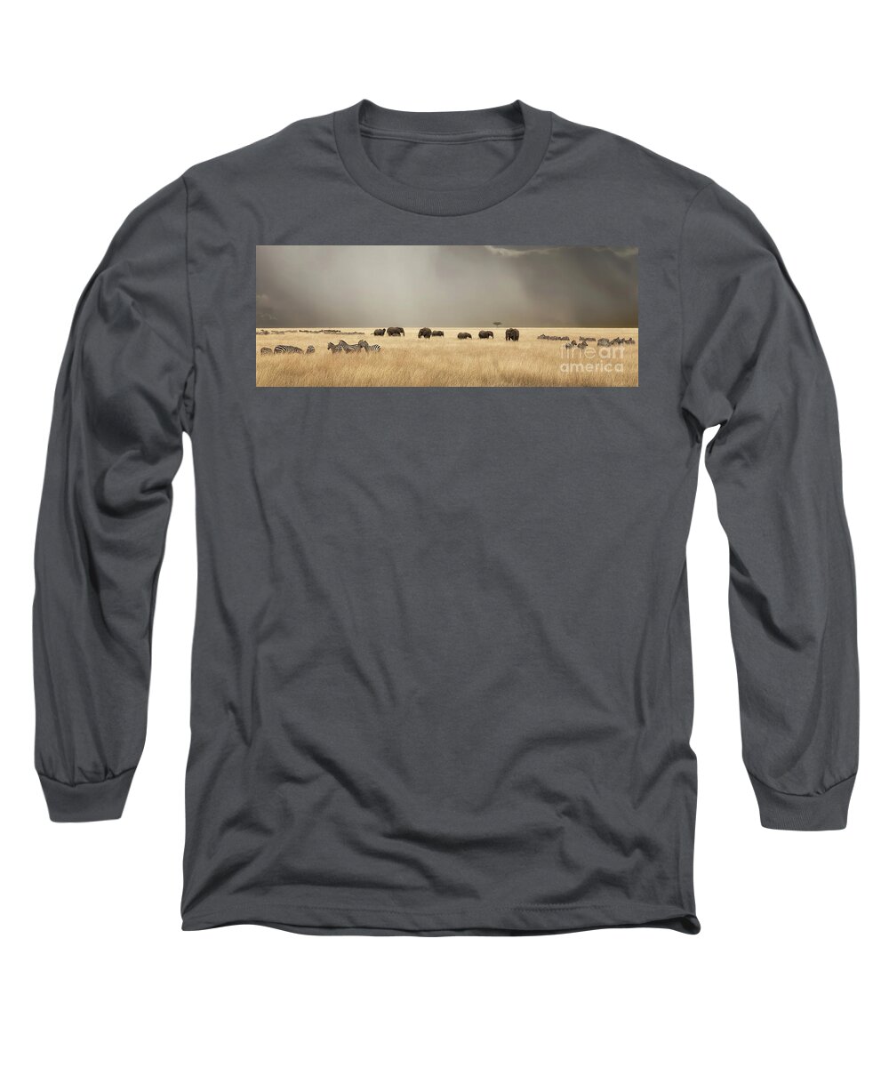 Mara Long Sleeve T-Shirt featuring the photograph Stormy skies over the masai Mara with elephants and zebras by Jane Rix