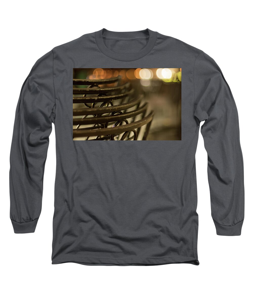 Bokeh Long Sleeve T-Shirt featuring the photograph Street Cafe Close-up in Prague by Martin Vorel Minimalist Photography
