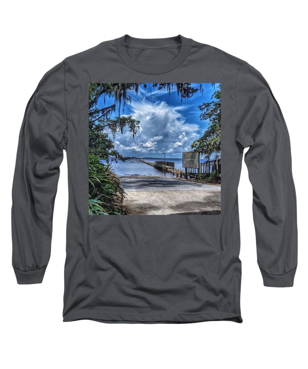 Clouds Long Sleeve T-Shirt featuring the photograph Strolling by the Dock by Portia Olaughlin