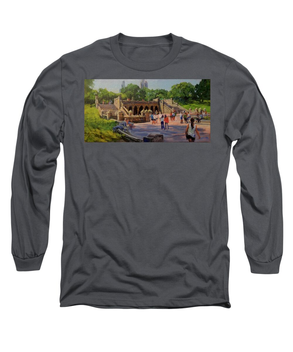 Central Park Long Sleeve T-Shirt featuring the painting Summer Morning on Bethesda Terrace by Peter Salwen