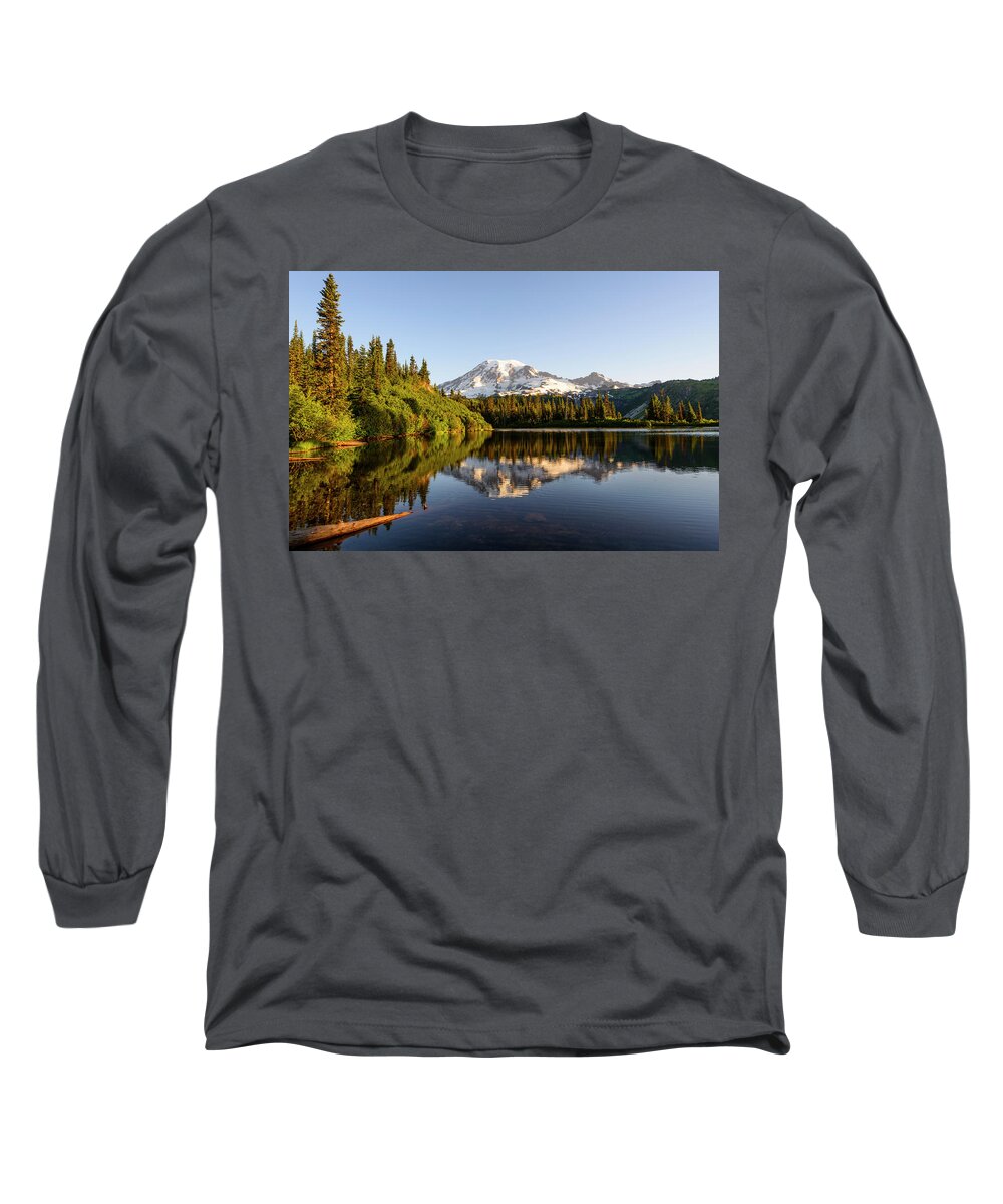 Outdoor; Mountain; Lake; Tree; Reflection; Sunrise Long Sleeve T-Shirt featuring the digital art Sunrise in Mt Rainier by Michael Lee