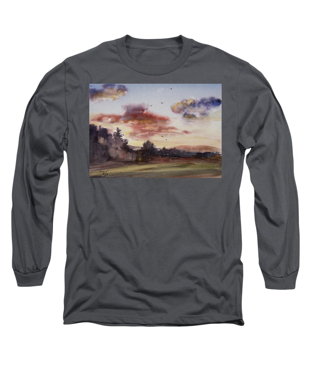 Watercolor Long Sleeve T-Shirt featuring the painting Sunset Bonfire by Judith Levins