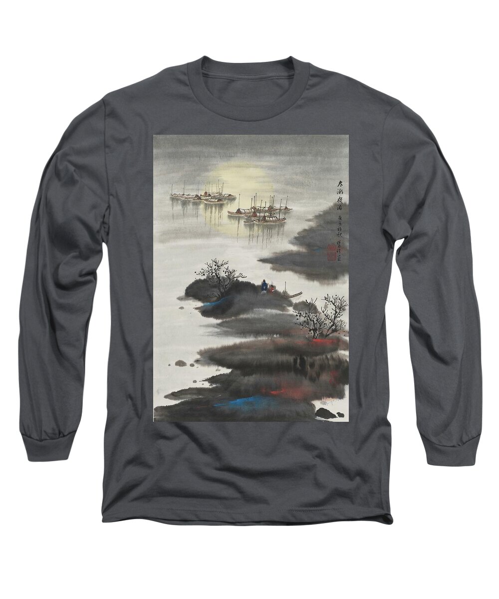 Chinese Watercolor Long Sleeve T-Shirt featuring the painting Moonrise on Taihu Lake by Jenny Sanders