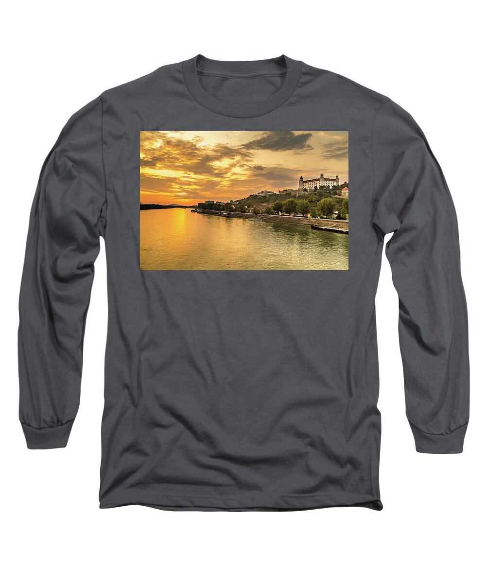 Bratislavsky Long Sleeve T-Shirt featuring the photograph sunset over the Danube river by Vivida Photo PC