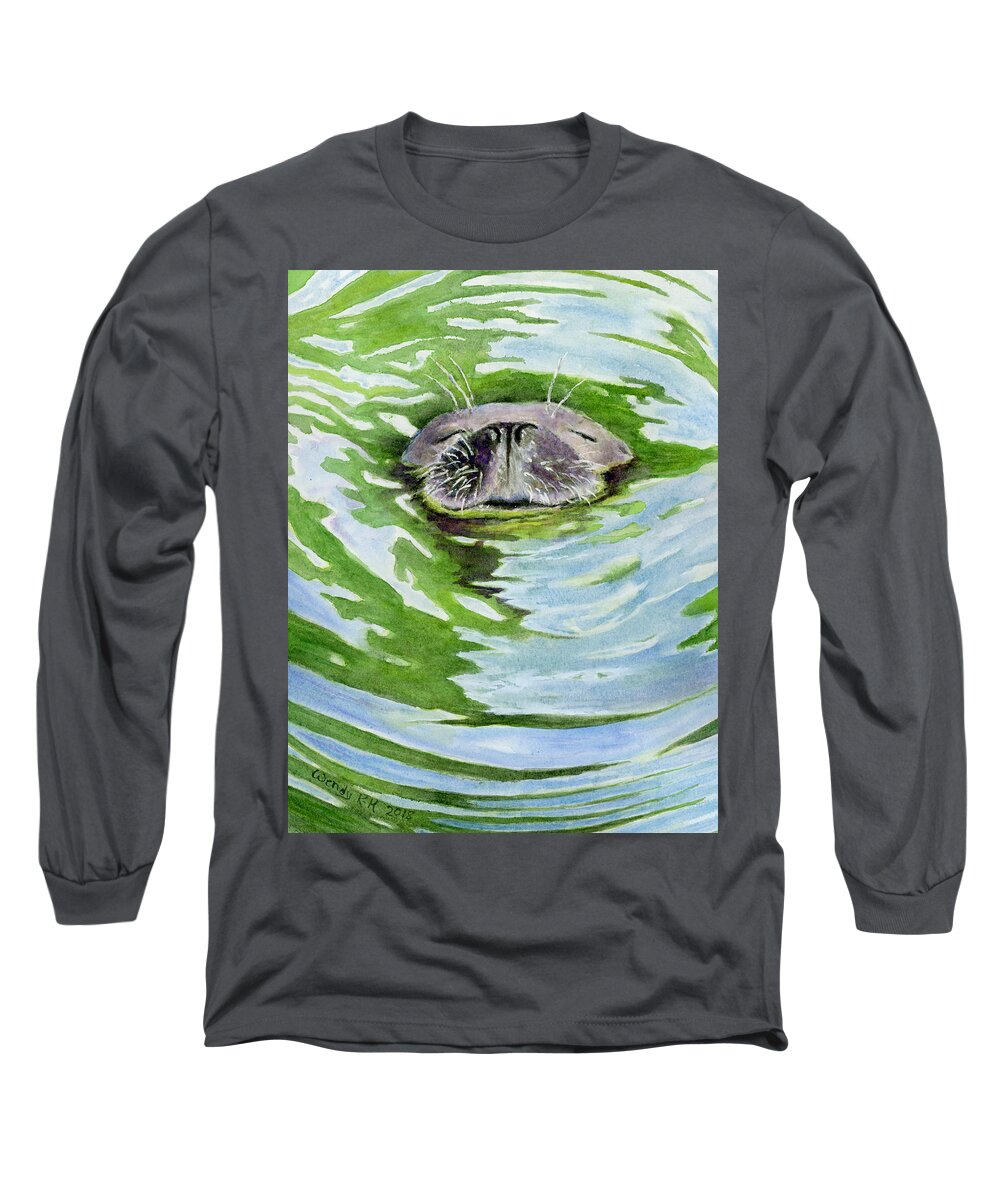Water Long Sleeve T-Shirt featuring the painting Sweet Sleeping Seal by Wendy Keeney-Kennicutt