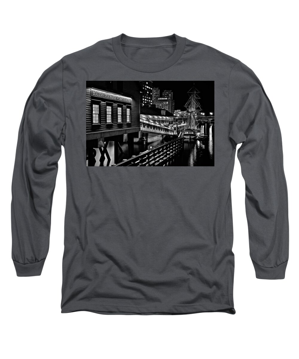 Boston Long Sleeve T-Shirt featuring the photograph Tea Party Museum Black and White 2019 by Frozen in Time Fine Art Photography