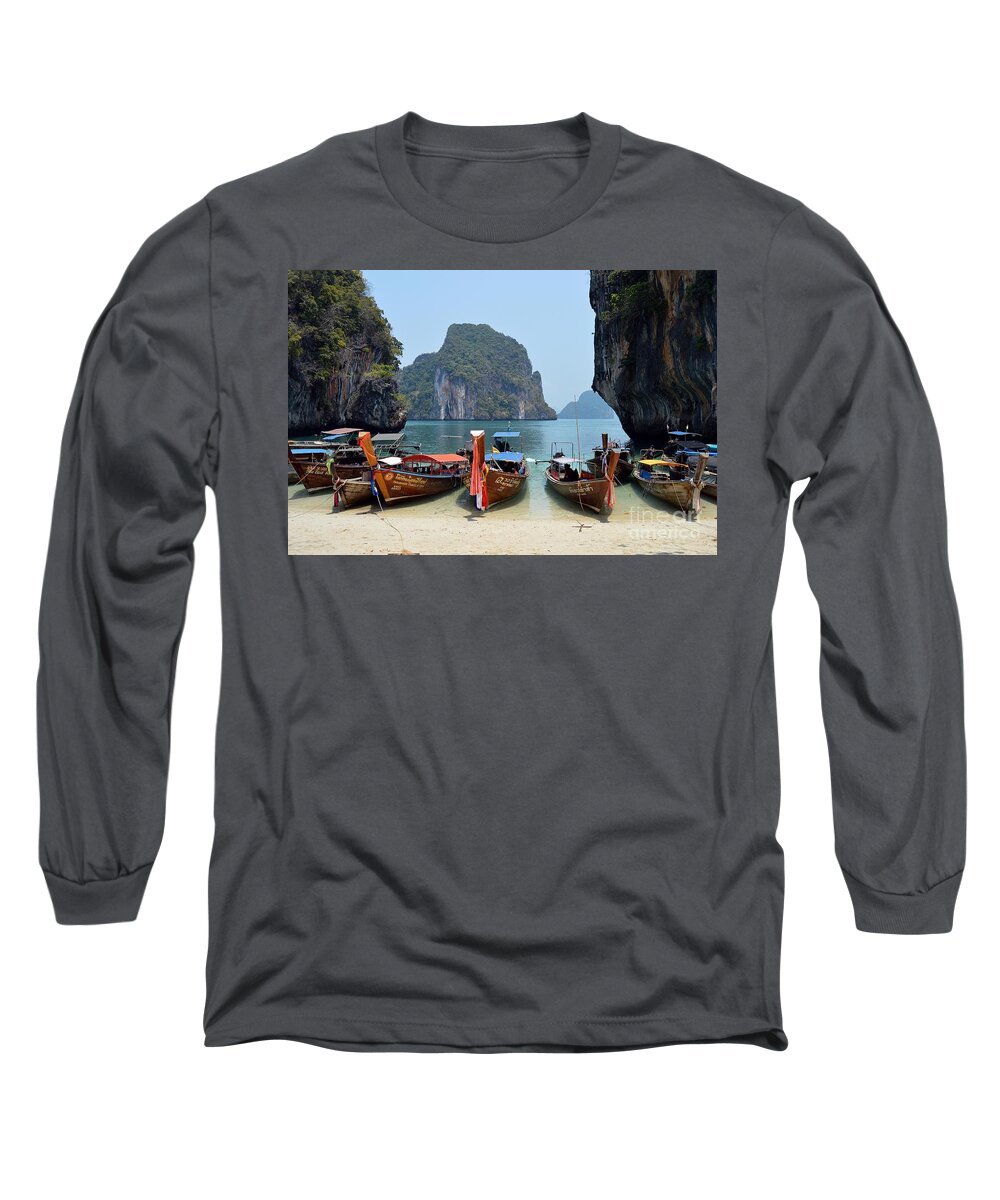 Islands Long Sleeve T-Shirt featuring the photograph THAI Longboats by Thomas Schroeder