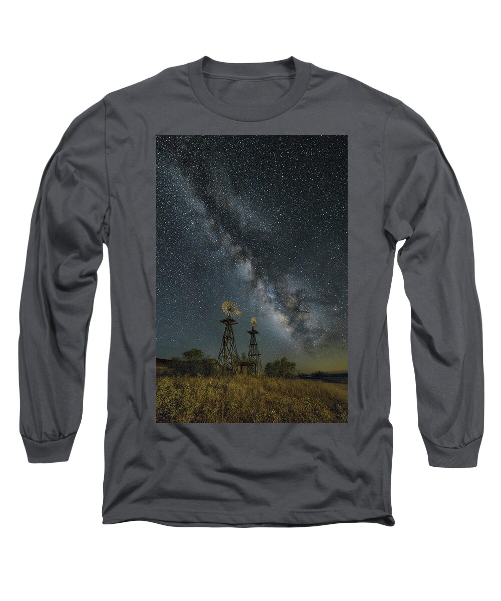 Milky Way Long Sleeve T-Shirt featuring the photograph The Galactic Twin Windmills by James Clinich