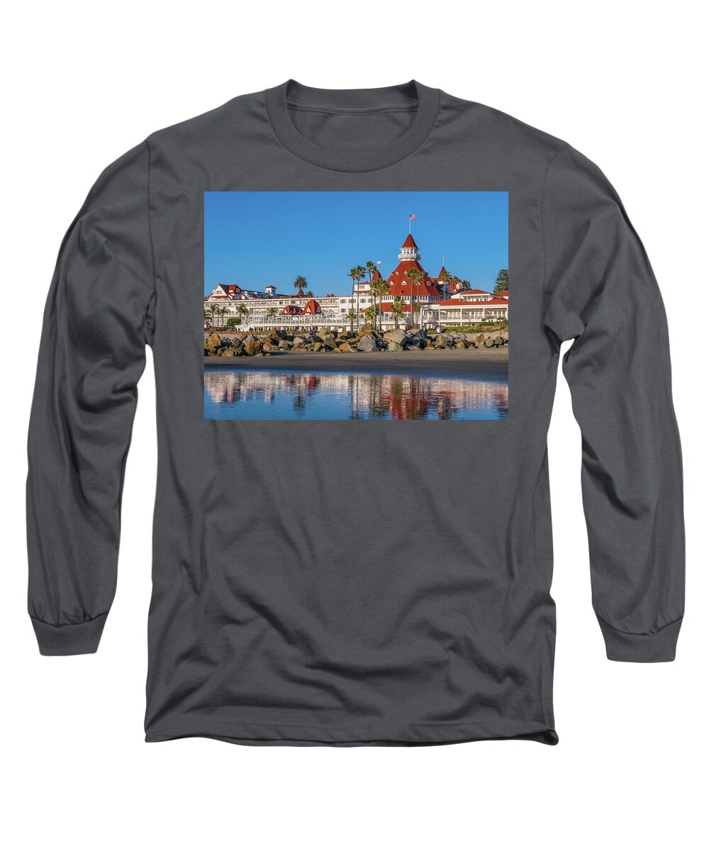 San Diego Long Sleeve T-Shirt featuring the photograph The Hotel del Coronado Beach Reflection San Diego by Robert Bellomy