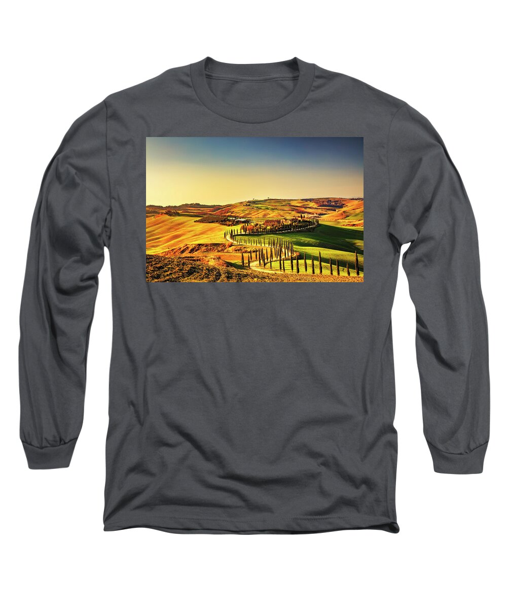 Tuscany Long Sleeve T-Shirt featuring the photograph Crete Senesi Cypress Road by Stefano Orazzini