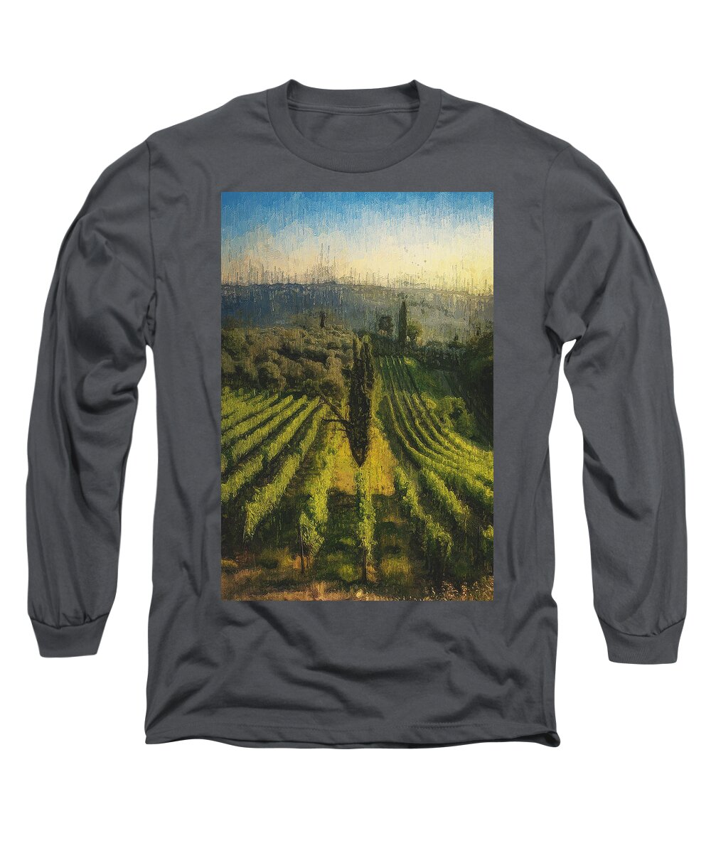 Italian Landscape Long Sleeve T-Shirt featuring the painting Tuscany vineyards - 12 by AM FineArtPrints