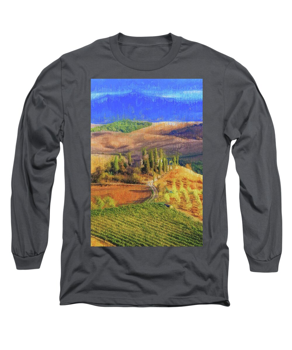 Italian Landscape Long Sleeve T-Shirt featuring the painting Tuscany vineyards - 14 by AM FineArtPrints
