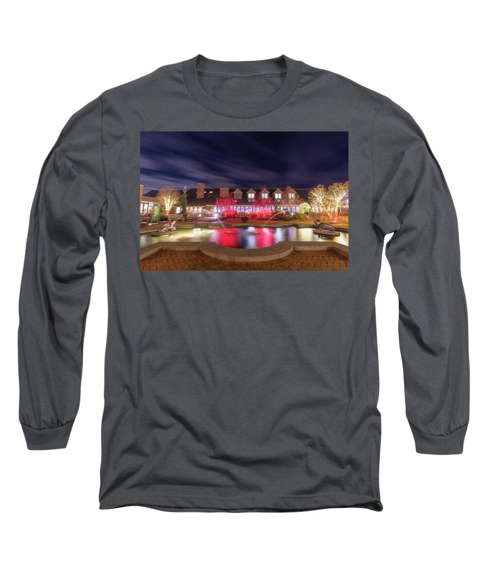 Turtle Fountain Reflection Christmas Holiday Lights Night Sky Outside Outdoors Ma Mass Massachusetts Brian Hale Brianhalephoto Stars Clouds Long Sleeve T-Shirt featuring the photograph Twin Turtles Twinkling by Brian Hale