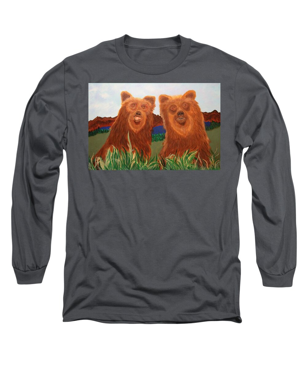 Bears Long Sleeve T-Shirt featuring the painting Two Bears in a Meadow by Bill Manson